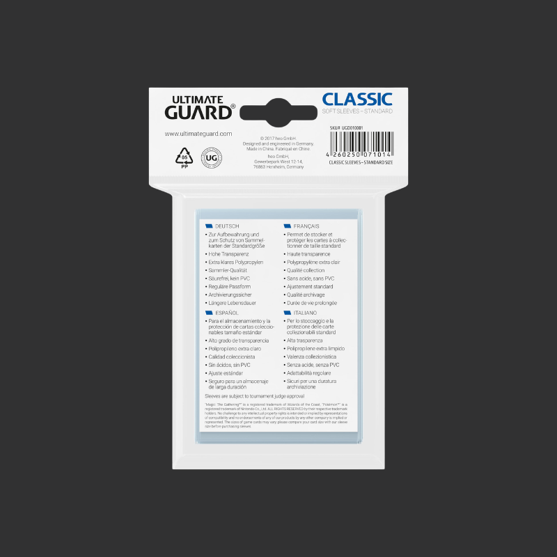 Ultimate Guard - 100 pochettes - Classic Soft Sleeves - Taille standard - Transparent